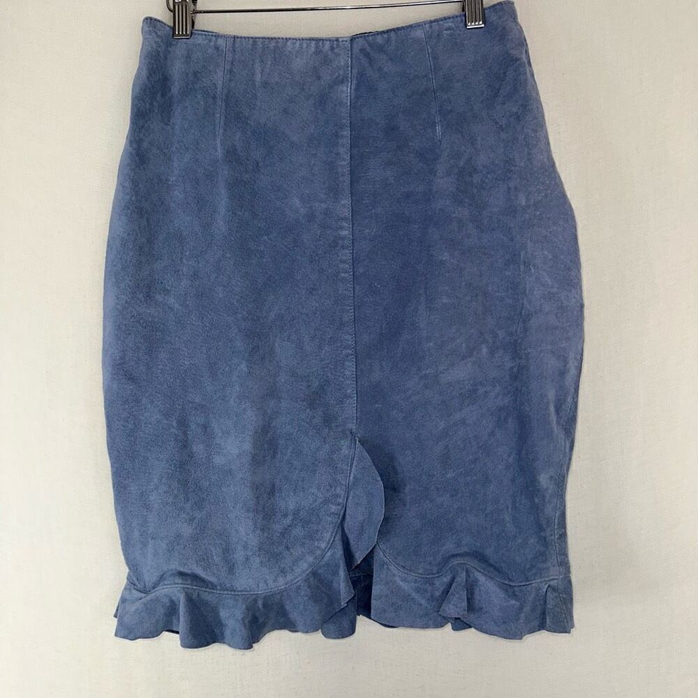 Vintage Midnight Velvet Leather‎ Baby Blue Pencil Skirt w Ruffle Hem Womens 8